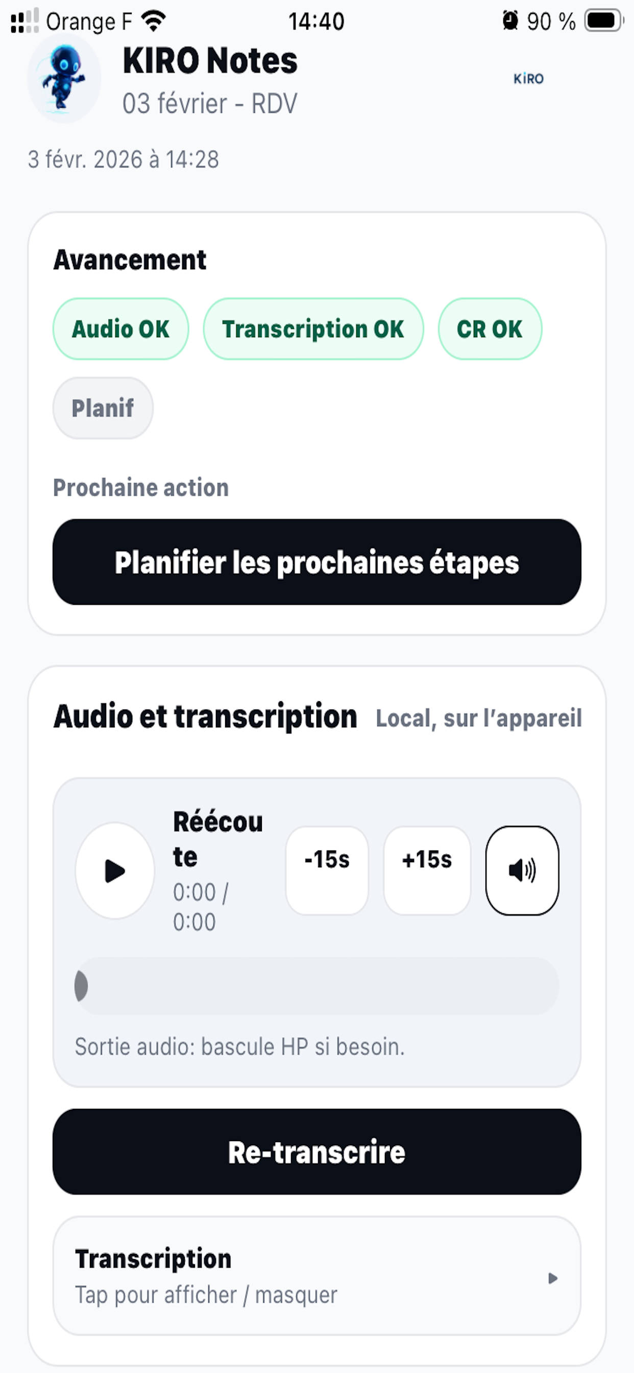 Kiro Notes - avancement et audio